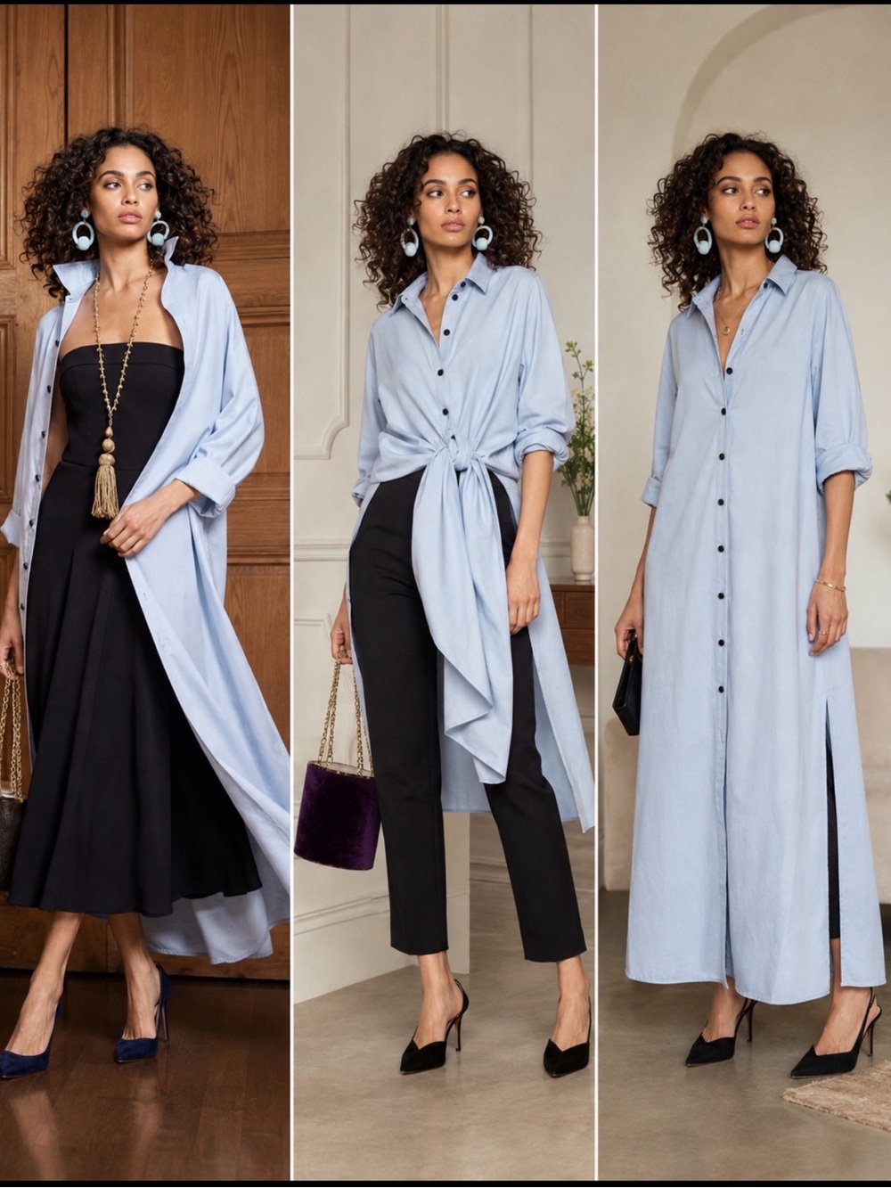 Rebecca de Ravenel Ming 100% Silk Blue Maxi Shirt Dress Duster Size 40